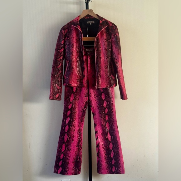 Vintage Pants - Vintage Y2K Set Pink Faux Snakeskin Flares Jacket